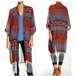 Romeo & Juliet Couture Floral Paisley Open Front Kimono w/ Fringe Hem Size S NEW